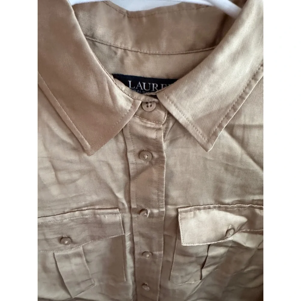 Lauren Ralph Lauren Gold Champagne Button Down Utility Shirt Blouse Petite Small